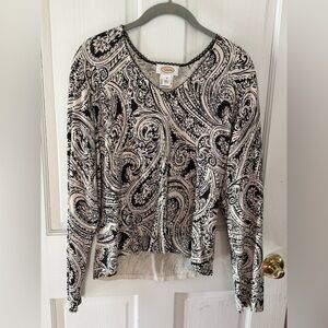 Talbots Black and Off White Paisley Long Sleeve Top